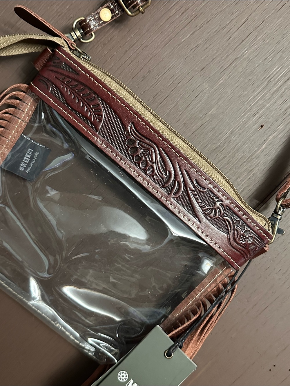 Myra Bag Clear Crossbody with Brown Leather Fringe and Tan Strap - Picture 6 of 7